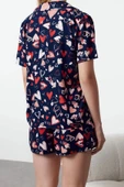 Kadın Moda Şık Gömlek Yaka Geniş Paça Uzun Kol Kalp Desenli Viskon Dokuma Pijama Takımı - 5