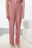 Kadın Moda Şık Gömlek Yaka Boru Paça Kısa Kol Kalpli Örme Pijama Takımı - 3