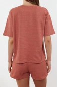 Kadın Moda Şık Bisiklet Yaka Boru Paça Kısa Kol Waffle Kumaş Örme Pijama Takımı - 4