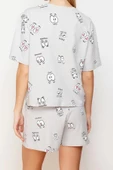 Kadın Moda Şık Bisiklet Yaka Boru Paça Kısa Kol %100 Pamuklu Eğlence Desenli Örme Pijama Takımı - 4