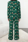 Kadın Moda Şık Gömlek Yaka Boru Paça Uzun Kol %100 Pamuklu Yılbaşı Temalı Örme Pijama Takımı - 3