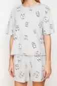 Kadın Moda Şık Bisiklet Yaka Boru Paça Kısa Kol %100 Pamuklu Eğlence Desenli Örme Pijama Takımı - 1
