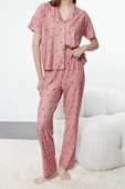 Kadın Moda Şık Gömlek Yaka Boru Paça Kısa Kol Kalpli Örme Pijama Takımı - 2