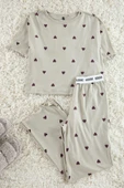 Kadın Moda Şık Bisiklet Yaka Boru Paça Kısa Kol Kalp Desenli Lastikli Fitilli Örme Pijama Takımı - 1