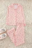 Kadın Moda Şık Gömlek Yaka Geniş Paça Uzun Kol %100 Pamuklu Çiçekli Biyeli Örme Pijama Takımı - 1