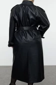 Kadın Büyük Beden Moda Şık Oversize Ceket Yaka Uzun Düz Astarlı Fit Maxi Boy Suni Deri Trençkot - 4