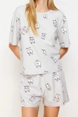 Kadın Moda Şık Bisiklet Yaka Boru Paça Kısa Kol %100 Pamuklu Eğlence Desenli Örme Pijama Takımı - 3
