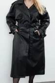 Kadın Büyük Beden Moda Şık Oversize Ceket Yaka Uzun Düz Astarlı Fit Maxi Boy Suni Deri Trençkot - 3