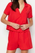 Kadın Moda Şık Gömlek Yaka Boru Paça Uzun Kol Terrycotton Gömlek-Şort Dokuma Pijama Takımı - 4