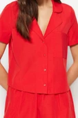 Kadın Moda Şık Gömlek Yaka Boru Paça Uzun Kol Terrycotton Gömlek-Şort Dokuma Pijama Takımı - 3