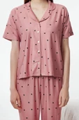 Kadın Moda Şık Gömlek Yaka Boru Paça Kısa Kol Kalpli Örme Pijama Takımı - 4