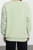 Kadın Bol Bisiklet Yaka Düşük Kol Uzun Normal Kalıp Karyoka Dikişli Kalın Polarlı Örme Sweatshirt - 5