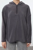 Kadın Moda Şık Bol Kapüşonlu Düşük Kol Uzun Kalın Polar ve Fermuarlı Geniş Kalıp Örme Sweatshirt - 1