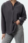 Kadın Moda Şık Bol Kapüşonlu Düşük Kol Uzun Kalın Polar ve Fermuarlı Geniş Kalıp Örme Sweatshirt - 3