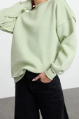 Kadın Bol Bisiklet Yaka Düşük Kol Uzun Normal Kalıp Karyoka Dikişli Kalın Polarlı Örme Sweatshirt - 2
