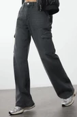 Kadın Moda Şık Kot Pantolon Geniş Paça Uzun Boy Denim Antrasit Yüksek Bel Jeans - 3