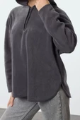 Kadın Moda Şık Bol Kapüşonlu Düşük Kol Uzun Kalın Polar ve Fermuarlı Geniş Kalıp Örme Sweatshirt - 2