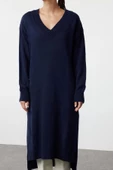 Kadın Moda Şık Maxi Boy V Yaka Oversize Triko Geniş Kalıp Elbise - 3