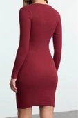 Kadın Moda Şık Mini Boy Kare Yaka Slim Büzgü Detaylı Vücuda Oturan Fitilli Esnek Örme Kalem Elbise - 5