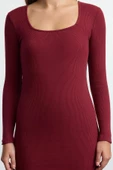 Kadın Moda Şık Mini Boy Kare Yaka Slim Büzgü Detaylı Vücuda Oturan Fitilli Esnek Örme Kalem Elbise - 4