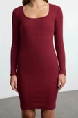 Kadın Moda Şık Mini Boy Kare Yaka Slim Büzgü Detaylı Vücuda Oturan Fitilli Esnek Örme Kalem Elbise - 1