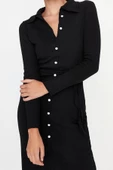 Kadın Moda Şık Midi Boy Gömlek Yaka Slim Vücuda Oturan Polo Yaka Fitilli Düğmeli Esnek Örme Elbise - 4