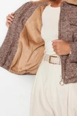 Kadın Moda Şık Regular Gömlek Yaka Standart Kırçıllı Astarlı Peluş Yakalı Tüvit Kaşe Kaban - 4