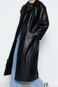 Kadın Moda Şık Oversize Ceket Yaka Uzun Düz Astarlı Oversize Geniş Kesim Kuşaklı Suni Deri Trençkot - 2