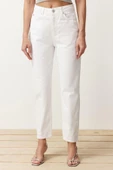 Kadın Moda Şık Kot Pantolon Dar Paça Regular Boy Denim Beyaz Yüksek Bel Mom Jeans - 1