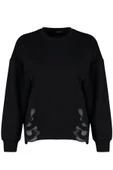 Kadın Moda Şık Relaxed Bisiklet Yaka Standart Kol Regular Basic İnce Aplike Detaylı Örme Sweatshirt - 1