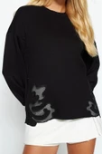 Kadın Moda Şık Relaxed Bisiklet Yaka Standart Kol Regular Basic İnce Aplike Detaylı Örme Sweatshirt - 2