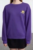 Kadın Regular Bisiklet Yaka Düşük Kol Regular Kalın İçi Polarlı Baskılı Normal Kalıp Örme Sweatshirt - 1