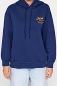 Kadın Kapüşonlu Düşük Kol Standart Normal Kalıp Nakışlı Kalın Polarlı Örme Sweatshirt - 4