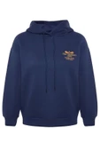 Kadın Kapüşonlu Düşük Kol Standart Normal Kalıp Nakışlı Kalın Polarlı Örme Sweatshirt - 1