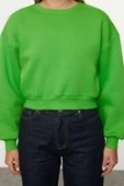 Kadın Moda Şık Crop Dik Yaka Düşük Kol Crop Rahat Kesim Crop Basic Kalın İçi polarlı Örme Sweatshirt - 1