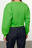 Kadın Moda Şık Crop Dik Yaka Düşük Kol Crop Rahat Kesim Crop Basic Kalın İçi polarlı Örme Sweatshirt - 5