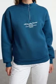 Kadın Moda Bol Fermuarlı Yaka Düşük Kol Uzun Kalın İçi Polarlı Fermuarlı Geniş Kalıp Örme Sweatshirt - 1
