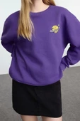 Kadın Regular Bisiklet Yaka Düşük Kol Regular Kalın İçi Polarlı Baskılı Normal Kalıp Örme Sweatshirt - 2