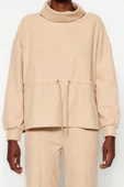 Kadın Moda Regular Dik Yaka Standart Kol Regular Selanik Triko Büzgülü Normal Kalıp Örme Sweatshirt - 4