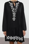 Kadın Moda Şık Mini Boy V Yaka Regular Balon Kol Baskılı A-line Çan Açılan Örme Elbise - 1