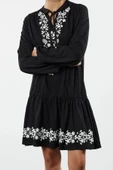 Kadın Moda Şık Mini Boy V Yaka Regular Balon Kol Baskılı A-line Çan Açılan Örme Elbise - 2