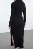 Kadın Moda Şık Midi Boy V Yaka Fitted Düz Polo Yaka Bodycone Vücuda Oturan Örme Elbise - 5