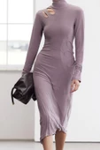 Kadın Moda Şık Midi Boy Dik Yaka Slim Limited Edition Vücuda Oturan Cut Out Detaylı Örme Elbise - 1