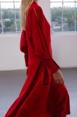Kadın Moda Şık Midi Boy Bisiklet Yaka Regular Limited Edition Belden Açılan Krep Kumaş Dokuma Elbise - 2