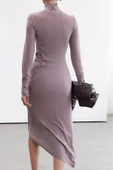 Kadın Moda Şık Midi Boy Dik Yaka Slim Limited Edition Vücuda Oturan Cut Out Detaylı Örme Elbise - 4