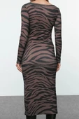 Kadın Moda Maxi Boy Bisiklet Yaka Slim Animal Zebra Baskılı Fitted Vücuda Oturan Esnek Örme Elbise - 4