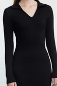 Kadın Moda Şık Midi Boy V Yaka Fitted Düz Polo Yaka Bodycone Vücuda Oturan Örme Elbise - 4