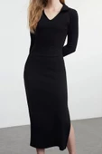 Kadın Moda Şık Midi Boy V Yaka Fitted Düz Polo Yaka Bodycone Vücuda Oturan Örme Elbise - 2