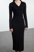 Kadın Moda Şık Midi Boy V Yaka Fitted Düz Polo Yaka Bodycone Vücuda Oturan Örme Elbise - 1