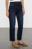 Kadın Moda Şık Kot Pantolon Boru Paça Uzun Boy Denim Gece Mavisi Yüksek Bel Straight Fit Jeans - 1